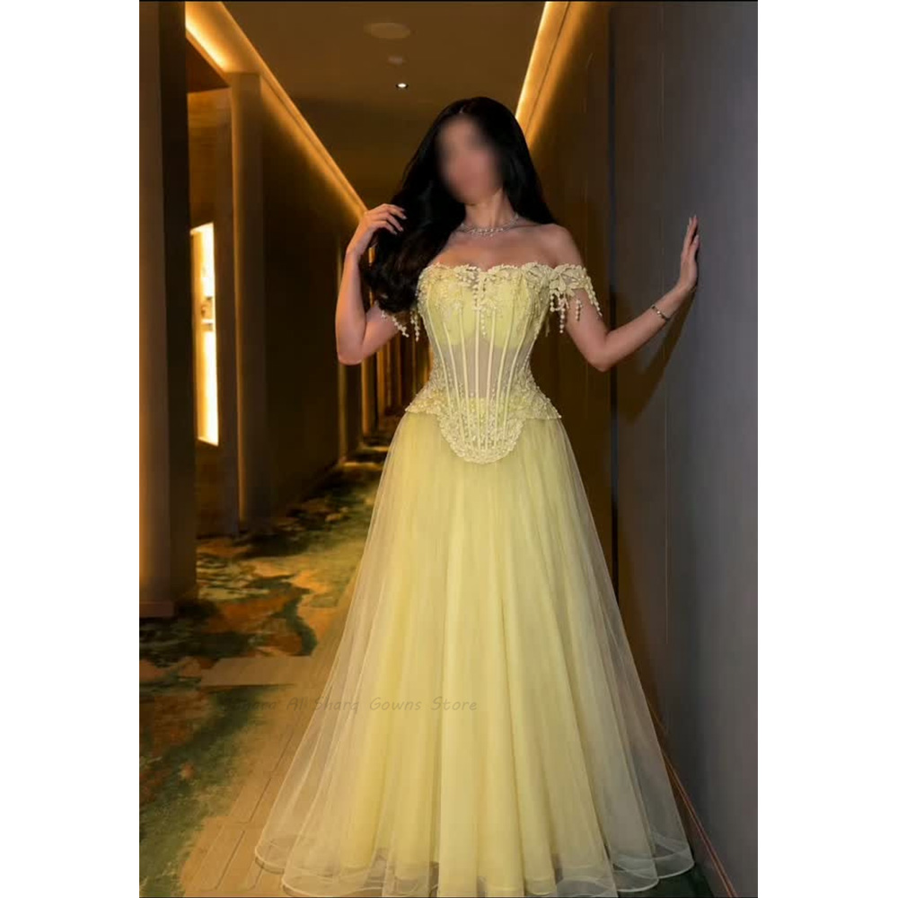 Embroidery Yellow Dress - Pale Yellow Evening Dresses Off Shoulder