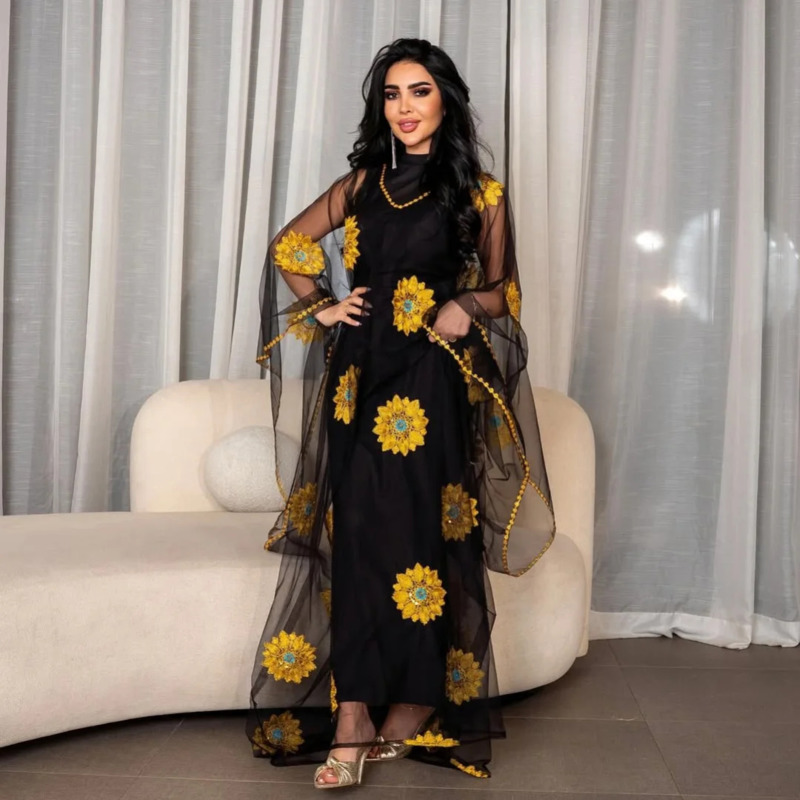 Women Floral Embroidered Maxi  - Embroidery Yellow Dress review and price