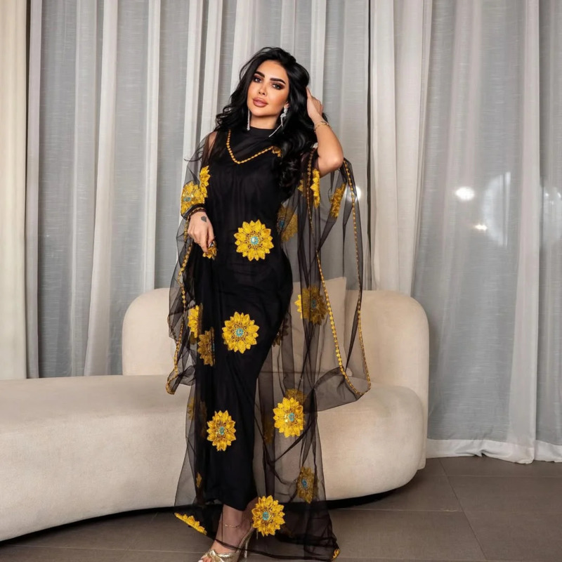 Women Floral Embroidered Maxi  - Embroidery Yellow Dress review and price